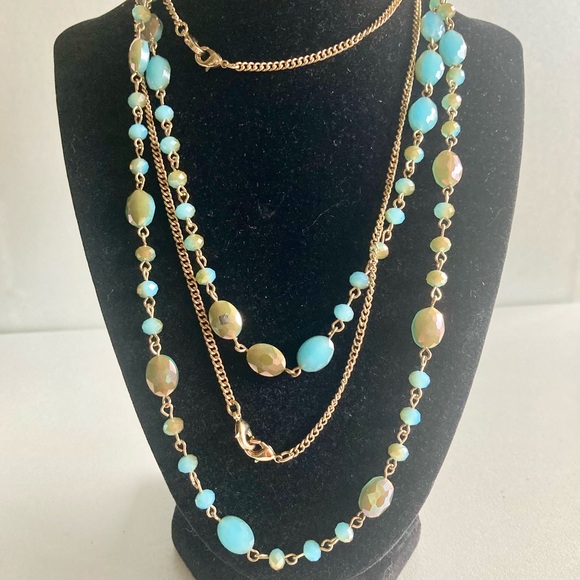 Jewelry - 2 Gold tone-Accent Aqua Beaded Long preloved Necklace